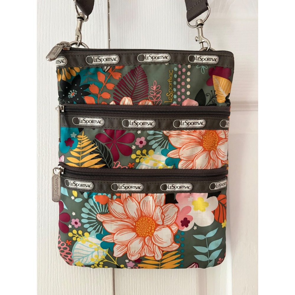 LeSportsac Quinn Crossbody Bag Floral Print Olive Green Nylon Triple Zip Travel